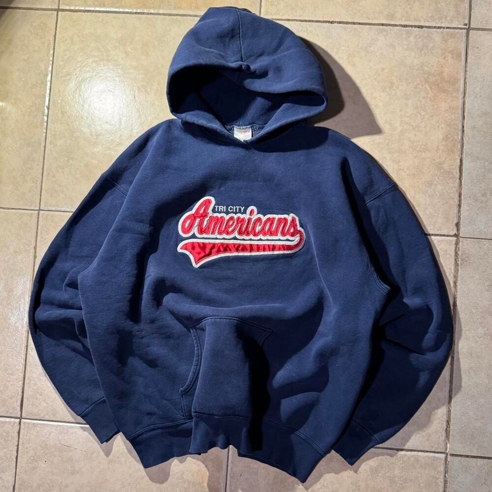 Vintage 90s navy blue tri City Americans Hockey Hoodie Size L In mens